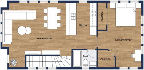 Grundriss für eine Garagenwohnung mit 1 Schlafzimmer