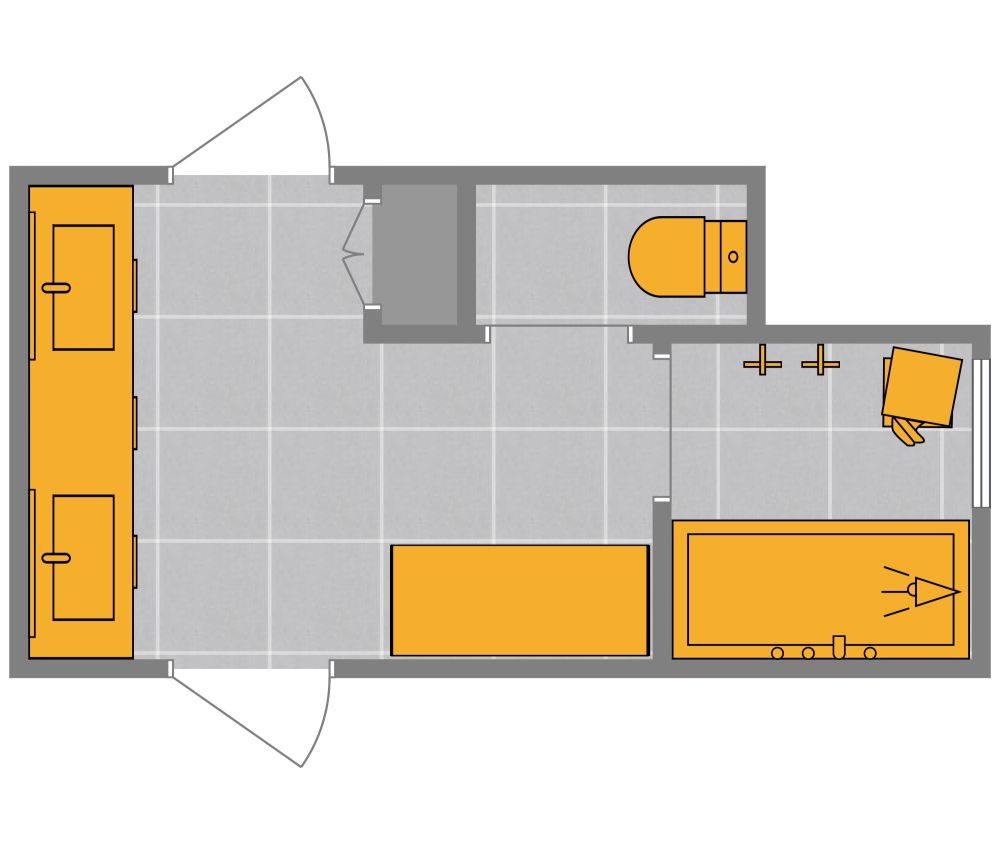 Grundriss-Design für ein Badezimmer mit zwei Türen 2D Grundrisse