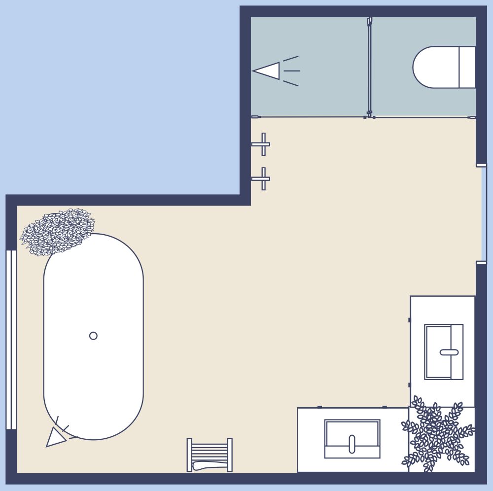 L-förmiges Badezimmer im Strandstil 2D Grundrisse