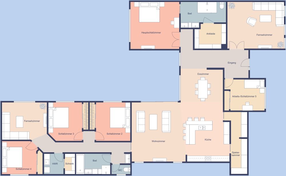 Geräumiger Grundriss mit zwei Wohnzimmern 2D Grundrisse