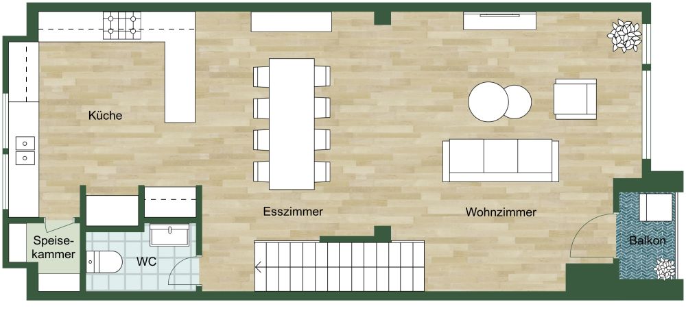 Grundriss mit großer Küche und Doppelgarage 2D Grundrisse