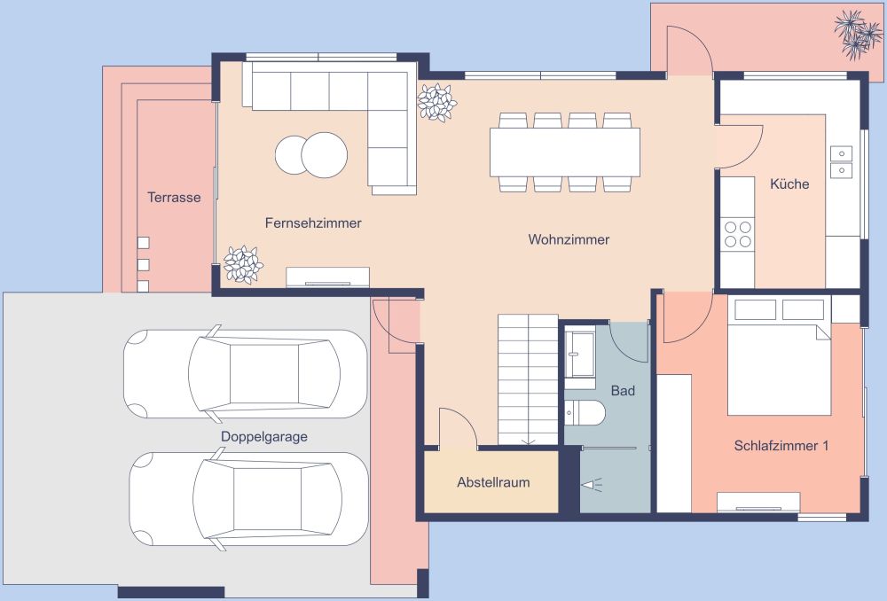 Grundriss für ein stilvolles Haus mit 5 Schlafzimmern und rosa Details 2D Grundrisse