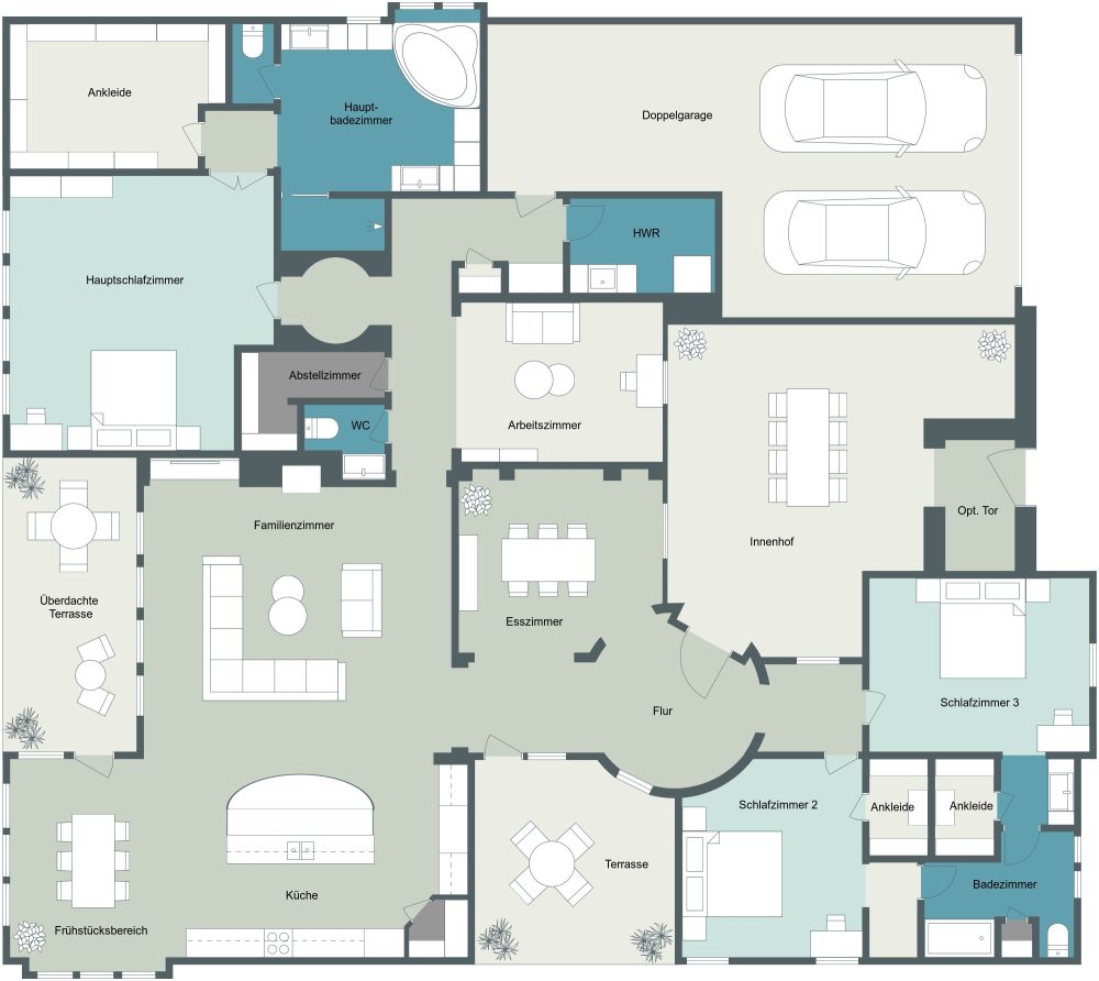 Grundriss für ein Haus mit 3 Schlafzimmern und Außenbereichen 2D Grundrisse