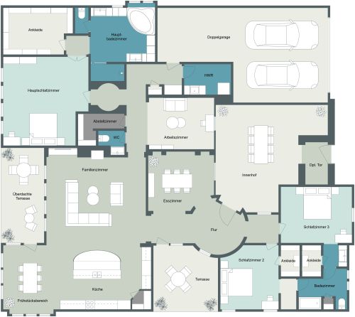 Grundriss für ein Haus mit 3 Schlafzimmern und Außenbereichen