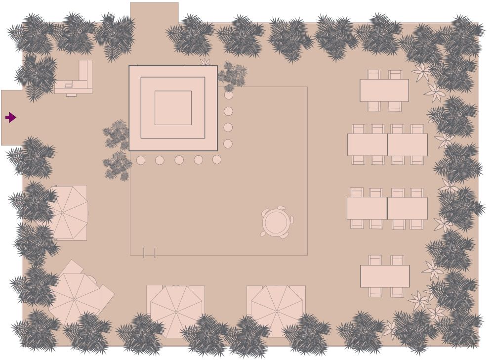 Tropical Outdoor Restaurant Layout With Pool Bar 2D