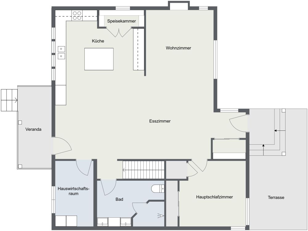 Grundriss für eine Wohnung mit 3 Schlafzimmern und großer Küche 2D Grundrisse
