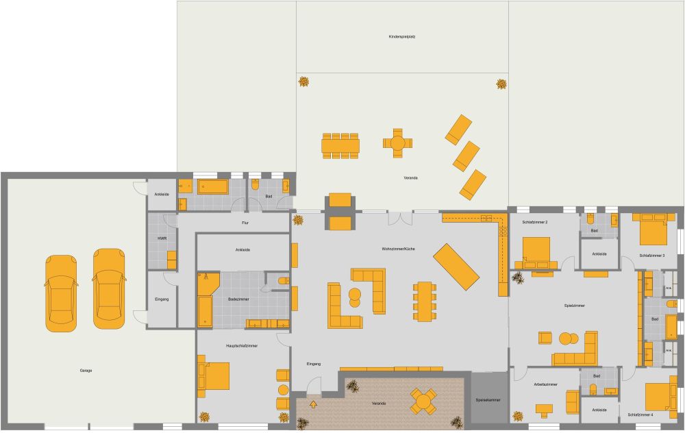 Haus mit 4 Schlafzimmern, 1 Arbeitszimmer und großer Terrasse 2D Grundrisse