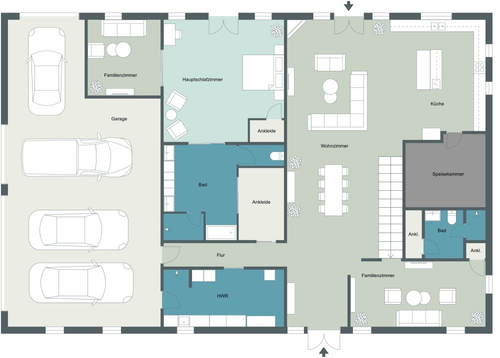 2-stöckiges Haus mit 4 Schlafzimmern und großer Garage 2D Grundrisse