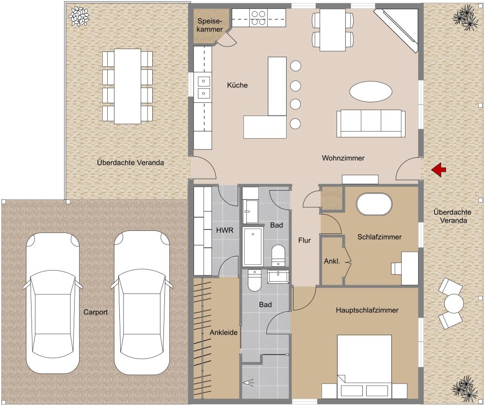 Hausplan mit 2 Schlafzimmern und Carport 2D Grundrisse