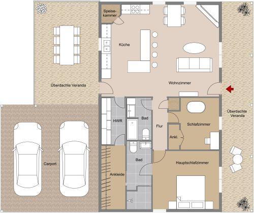 Hausplan mit 2 Schlafzimmern und Carport