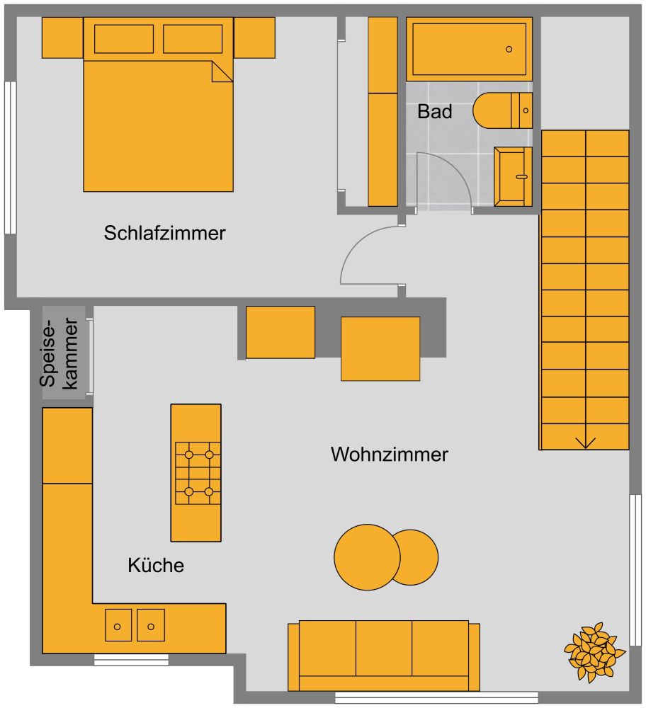 Grundriss für eine Garagenwohnung mit Kamin 2D Grundrisse