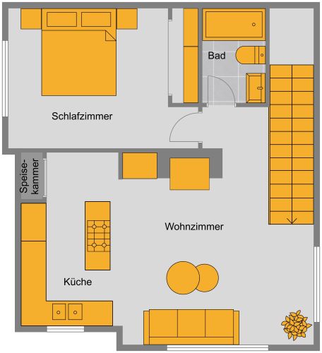 Grundriss für eine Garagenwohnung mit Kamin