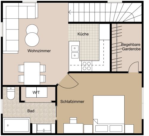 Grundriss für eine Garagenwohnung mit großem Schlafzimmer mit privatem Bad