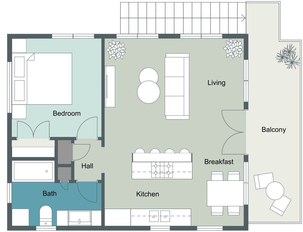 2D First Floor Stylish Garage Apartment Plan With Eat-In Kitchen