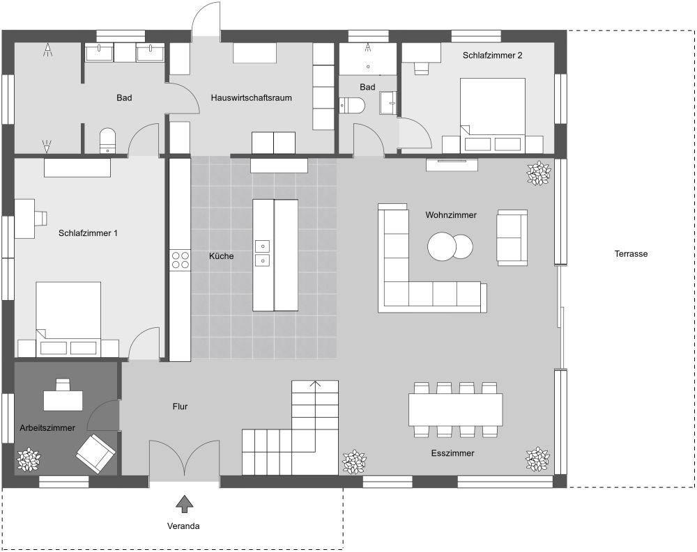  2-stöckiger Grundriss mit 4 Schlafzimmern und Hauswirtschaftsraum 2D Grundrisse
