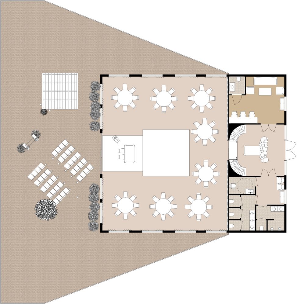 Große Hochzeitslocation mit Außenbereich und Hochzeitssuite 2D Grundrisse