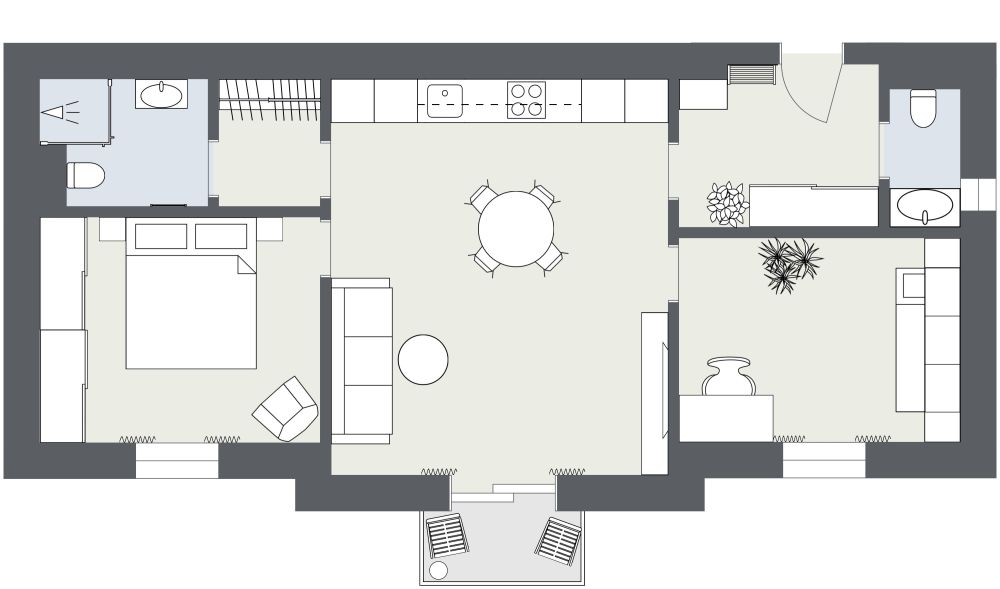 Kleines 3-Zimmer-Apartment Layout 2D Grundrisse