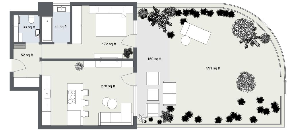 Small One Bedroom Home With Garden 2D Floor Plan