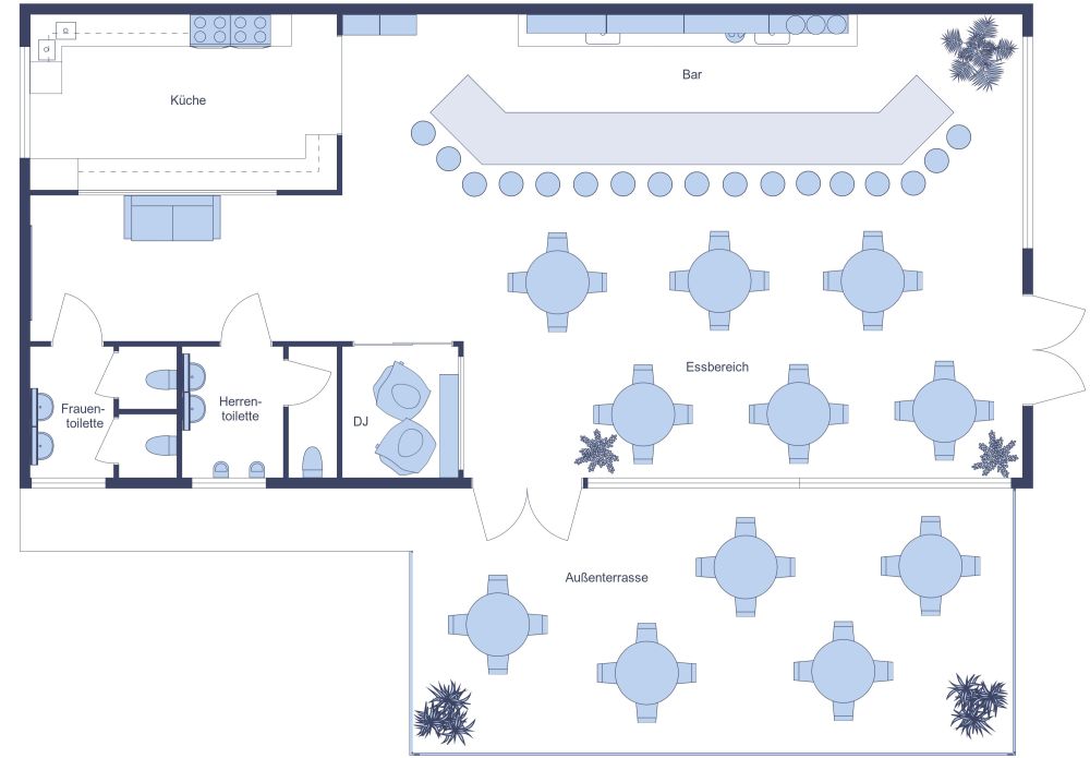 Bar mit Essbereich und DJ-Stand 2D Grundrisse