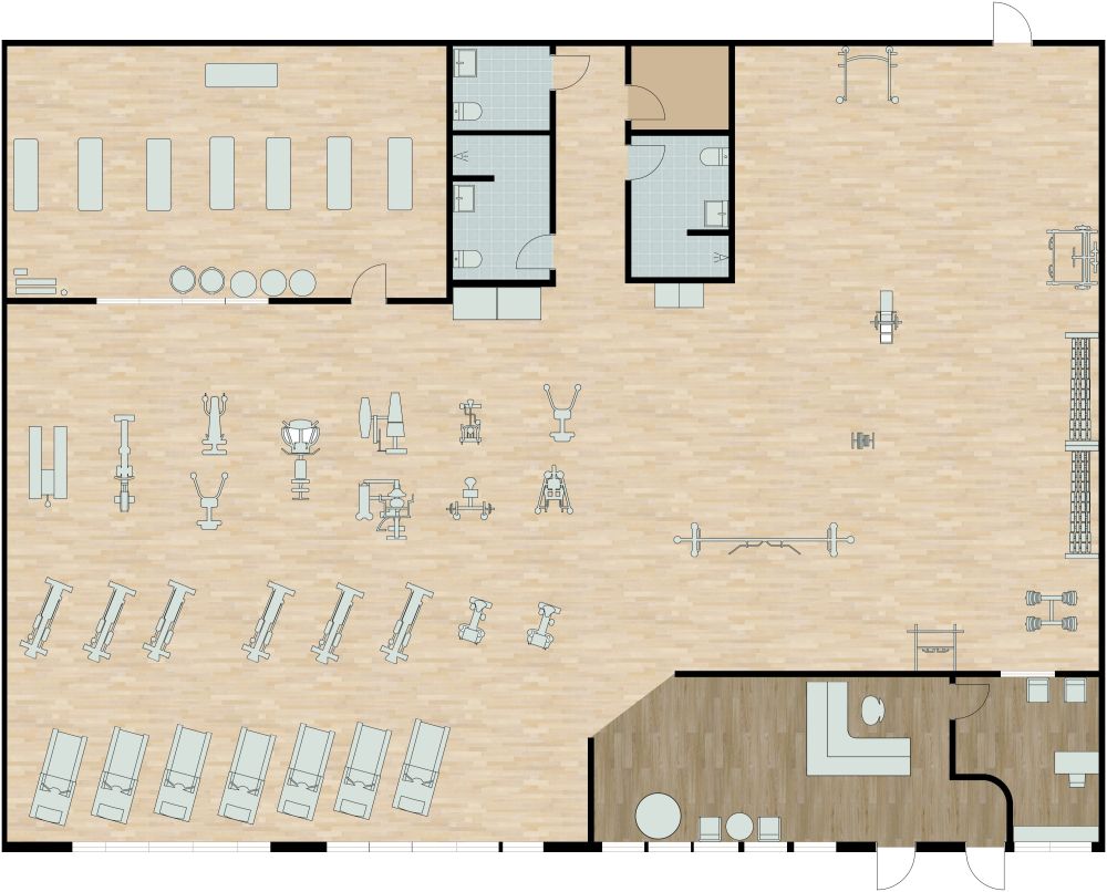 Fitness-Studio mit Yogaraum 2D Grundrisse