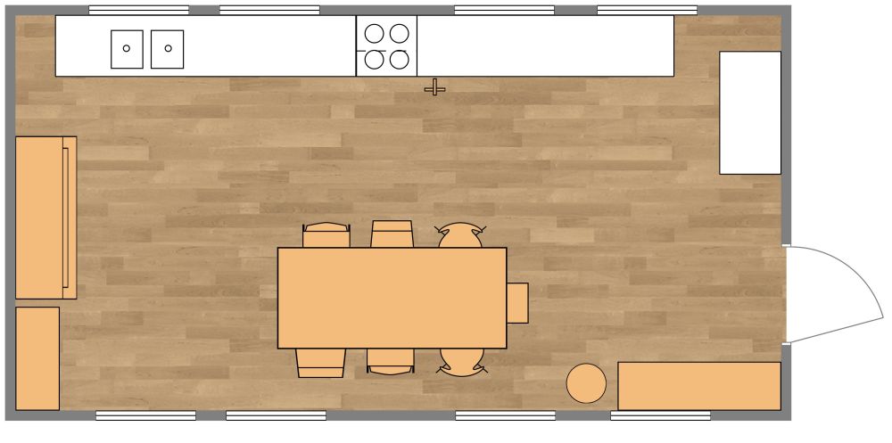 Single Wall Kitchen Layout With A Lot of Windows in 2D