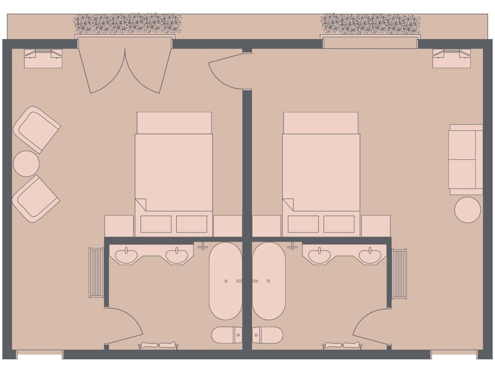 Adjoining Parisian Hotel Rooms 2D Floor Plan