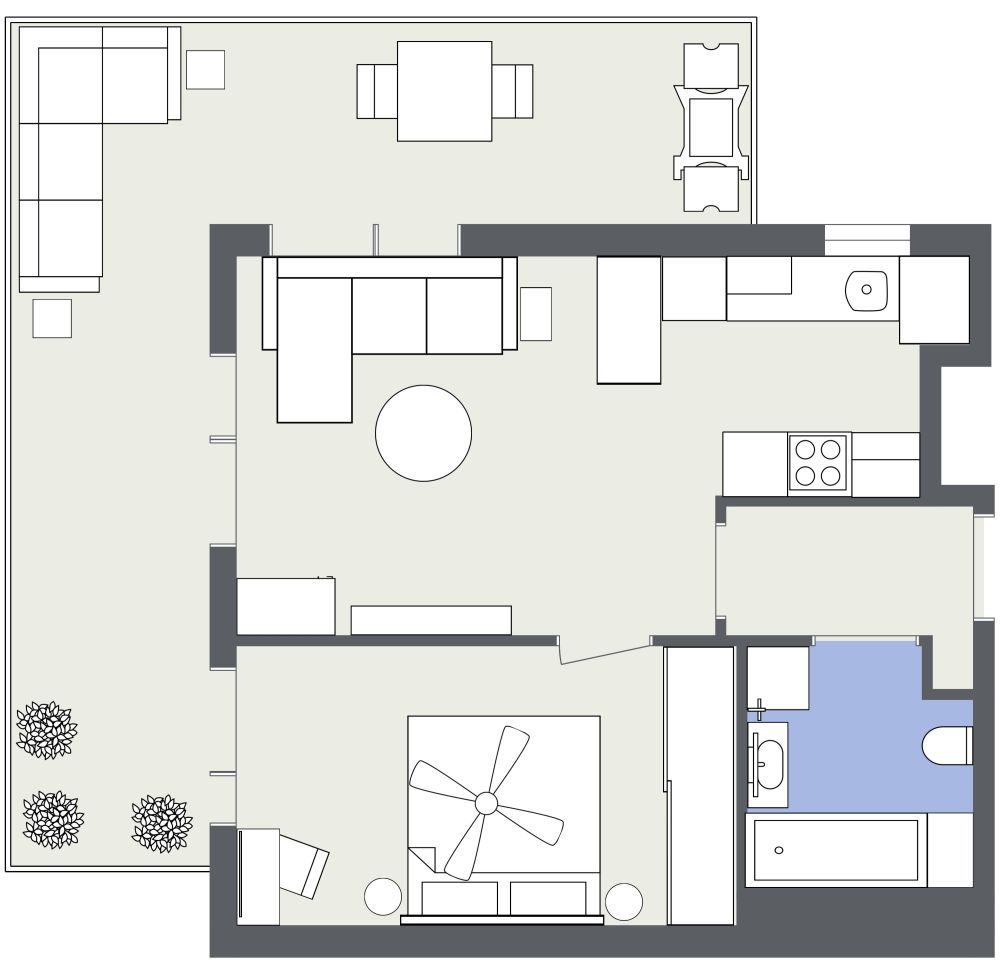 Grundriss für eine 1-Schlafzimmer-Wohnung 2D Grundrisse