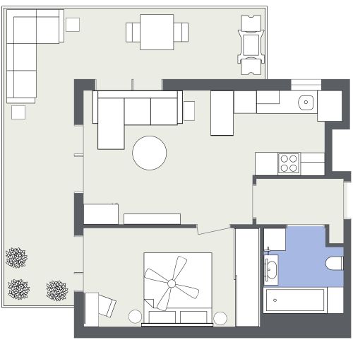 Grundriss für eine 1-Schlafzimmer-Wohnung