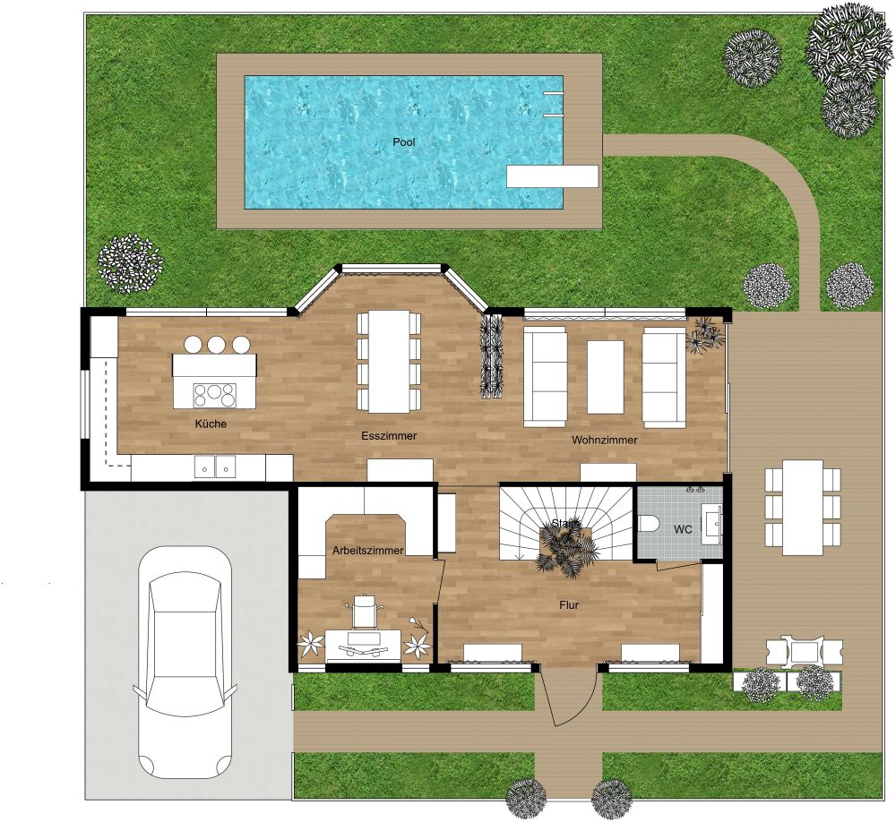 Landschaftsgestaltung mit Pool 2D Grundrisse