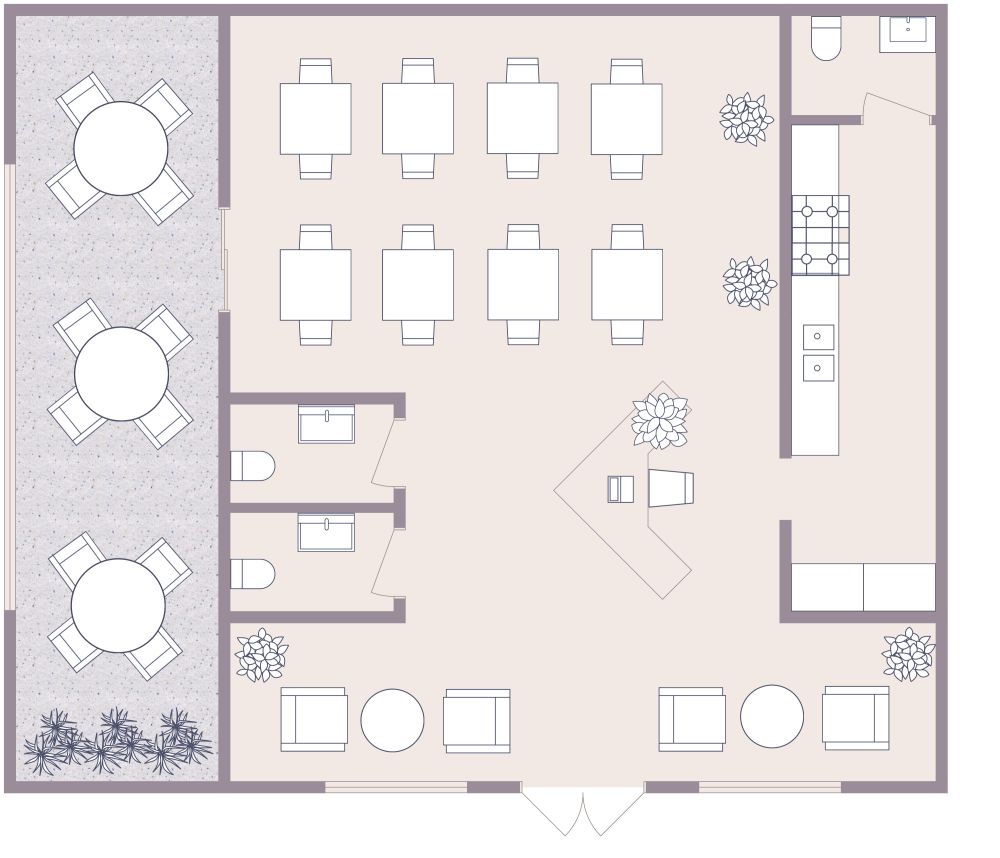 Grundriss für ein Café mit Küche 2D Grundrisse