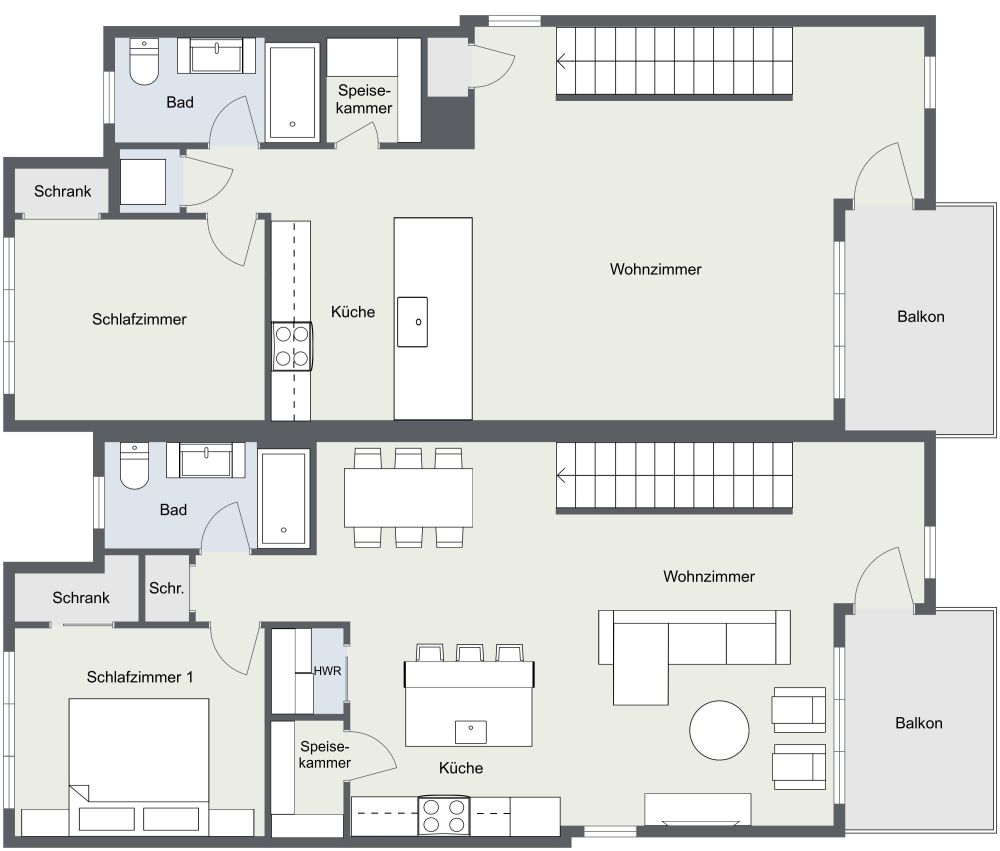 Grundriss für ein 3-stöckiges Zweifamilienhaus 2D Grundrisse