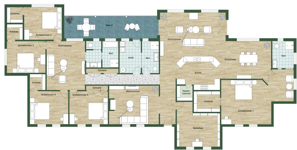 Wohnungsgrundriss mit 5 Schlafzimmern 2D Grundrisse