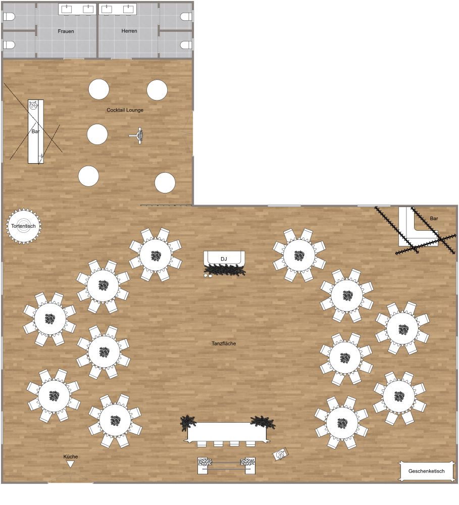 Layout für den Hochzeitsempfang 2D Grundrisse