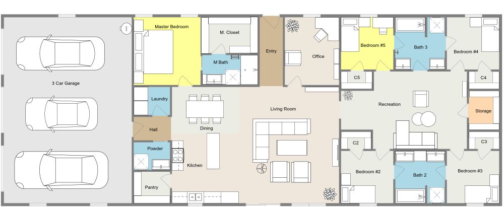 One Story 5 Bedroom Barndominium 2D Floor Plan