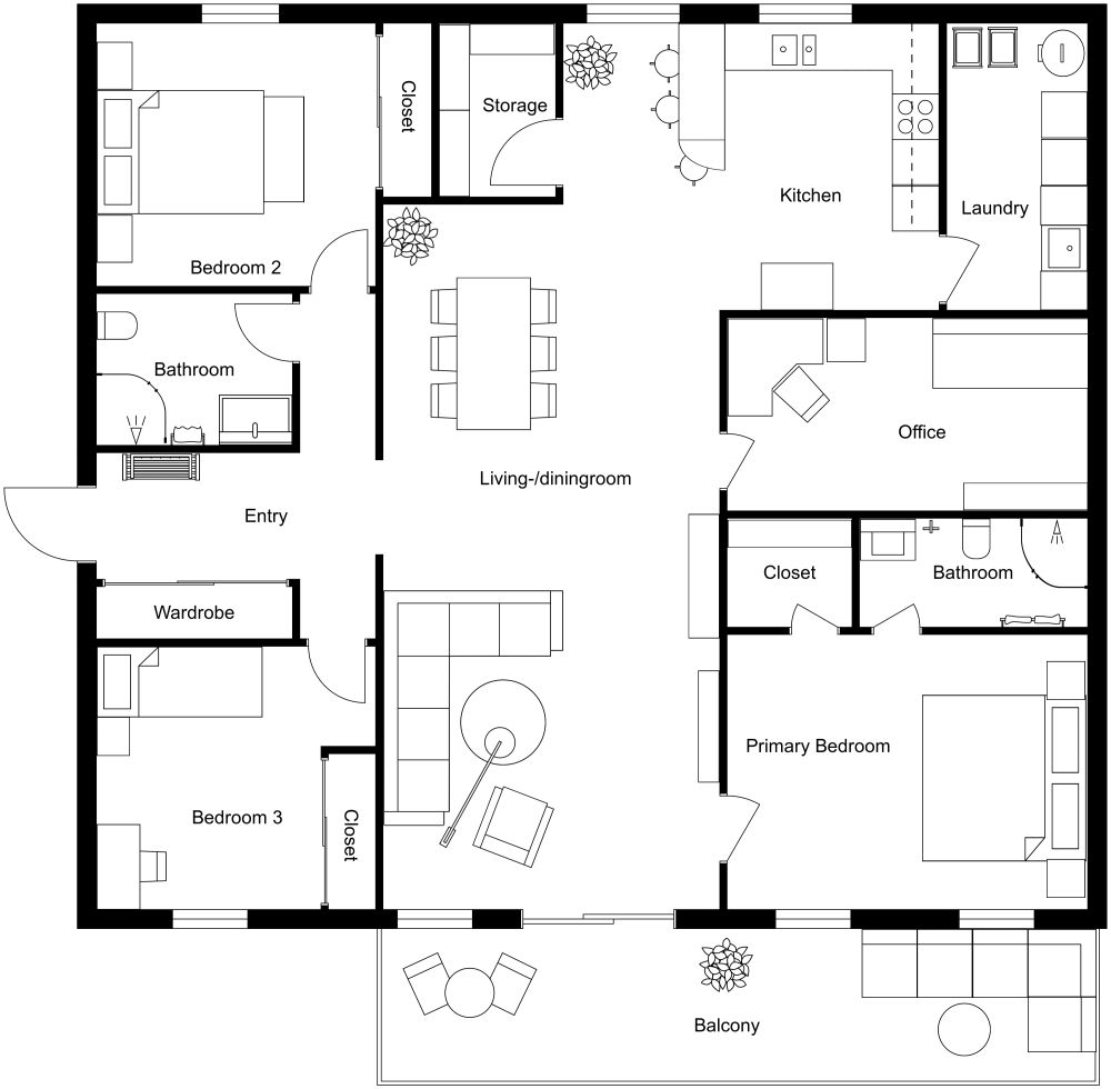 1700 sq ft Apartment Plan 2D Floor Plan