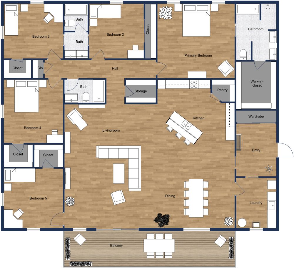 5 Bedroom 3 Bathroom 2D Apartment Plan