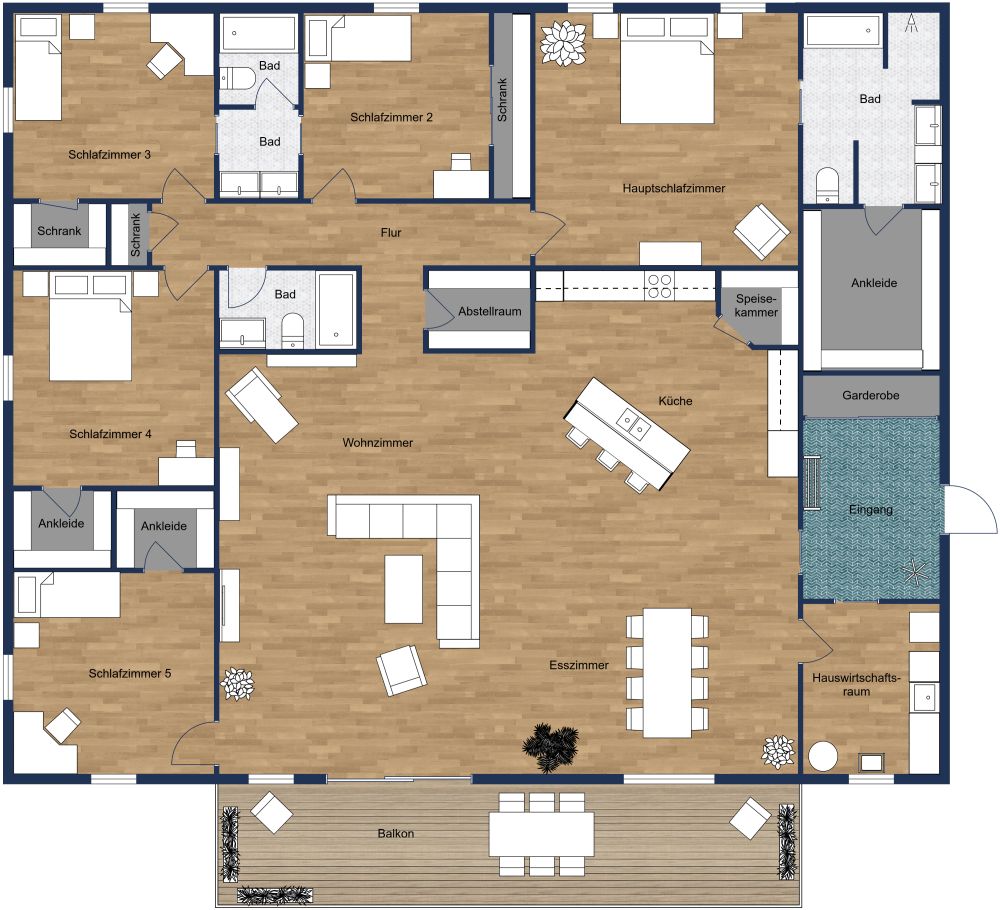 Wohnungsplan mit 5 Schlafzimmern und 3 Bädern 2D Grundrisse