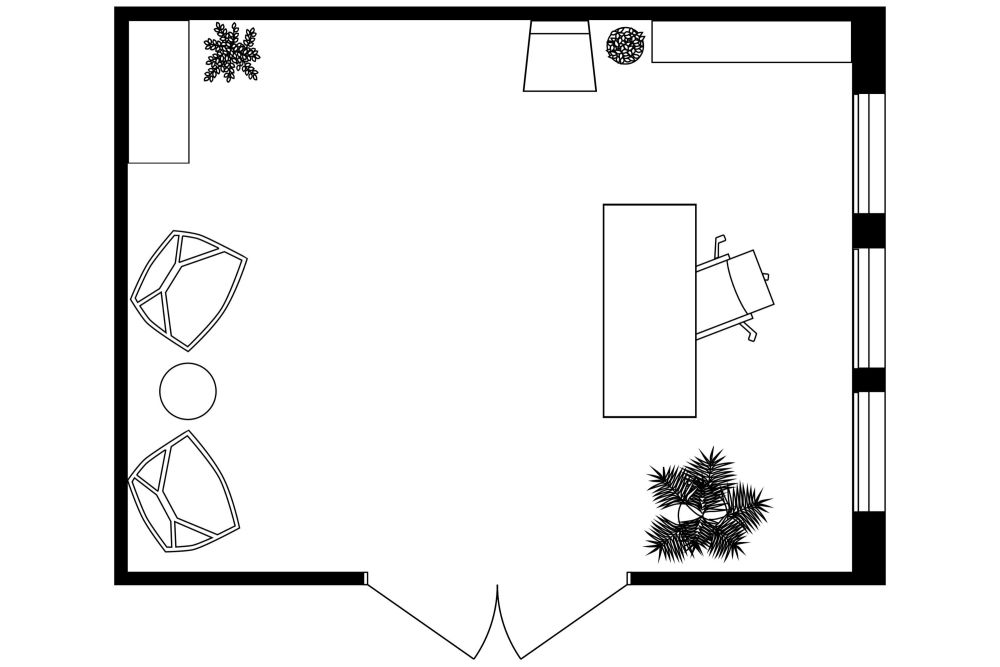 2D Floor Plan of Home Office With Wood Details And Storage