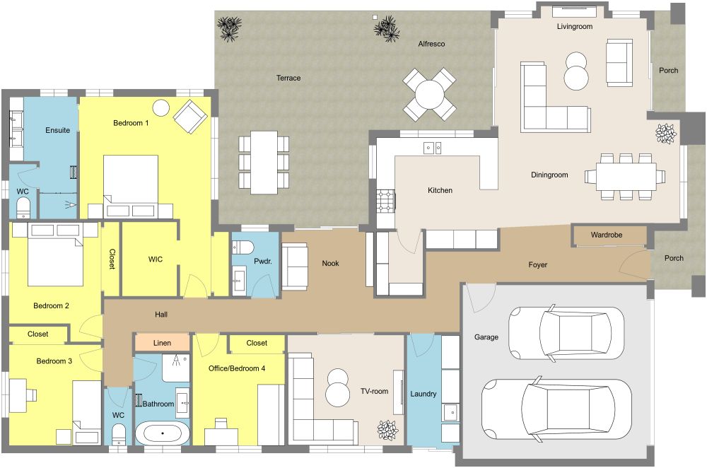 4 Bedroom House Plan with Terrace 2D Floor Plan
