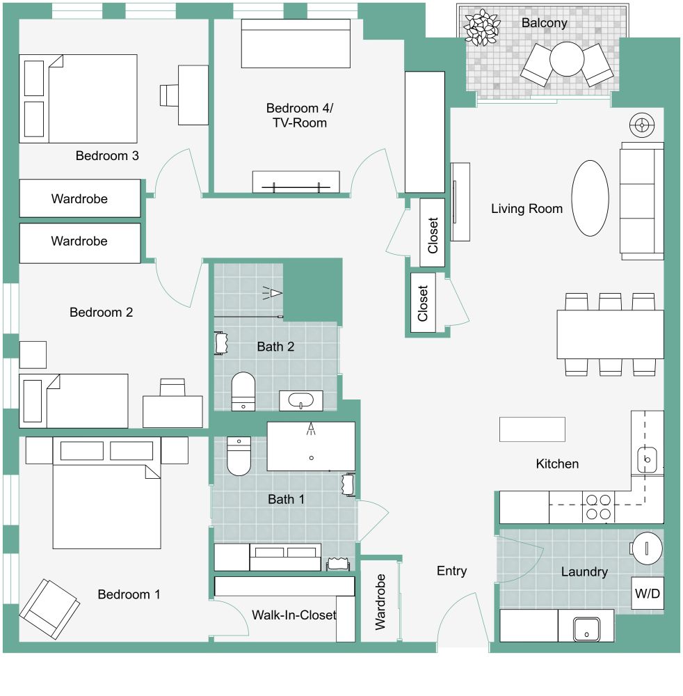 4 Bedroom 2 Bathroom Apartment 2D Plan
