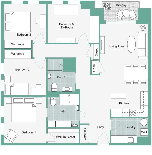 4 Bedroom 2 Bathroom Apartment Plan