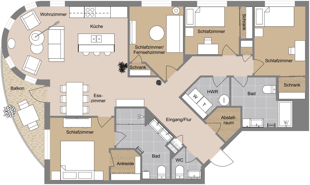 Großer Wohnungsgrundriss mit Erkerfenster 2D Grundrisse