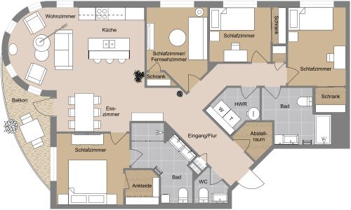 Großer Wohnungsgrundriss mit Erkerfenster