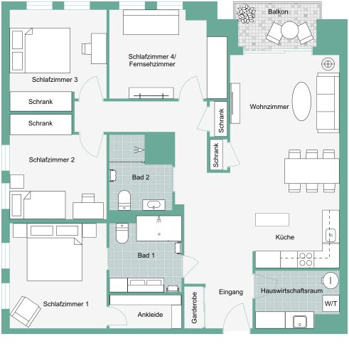 Wohnungsplan mit 4 Schlafzimmern und 2 Badezimmern