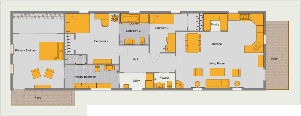 Shotgun House Plan 3 Bedrooms 2D Floor Plan