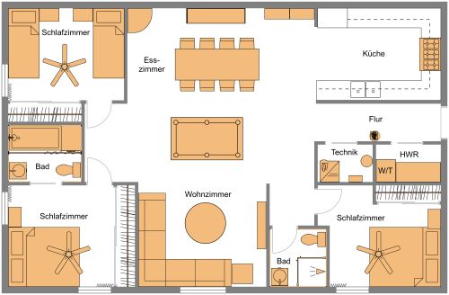 Wohnungsgrundriss mit großer Küche