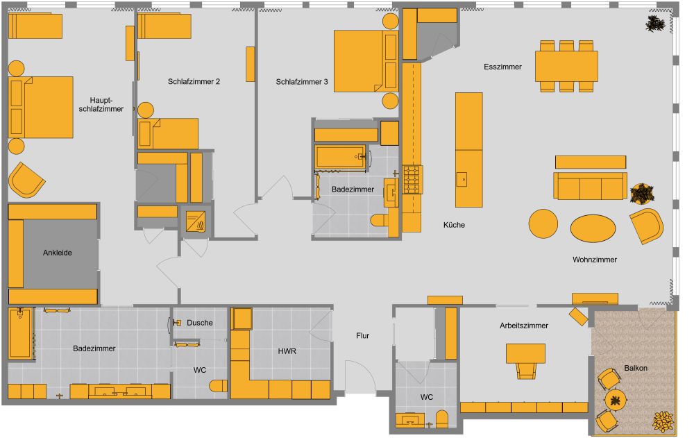 Großer Wohnungsplan mit 3 Schlafzimmern und Büro 3D Grundrisse