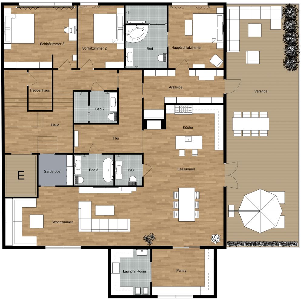 Luxuriöse Wohnung mit 3 Schlafzimmern 2D Grundrisse