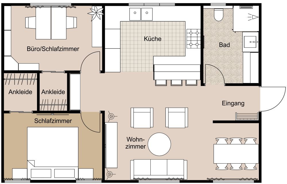 Haus mit 1 Schlafzimmer und Arbeitszimmer 2D Grundrisse