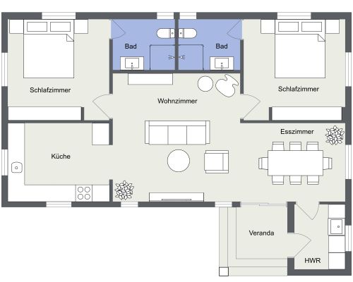 Hausplan mit zwei Schlafzimmern und großer Küche